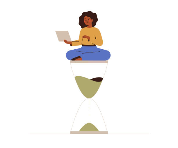 afroamerykańska bizneswoman korzystająca z laptopa. szczęśliwa czarna kobieta wykonała swoją pracę lub projekt na czas. - efficiency hourglass time business stock illustrations