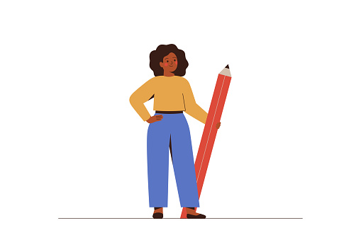 Black Business Woman holds big pencil. Confident african American female writer or content manager stands with pen. Copywriting and blogging concept.Vector illustration
