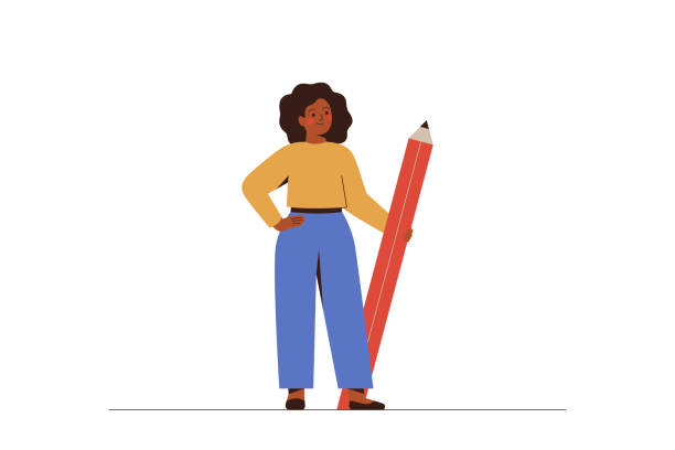 Black Business Woman holds big pencil. Confident african American female writer or content manager stands with pen. Black Business Woman holds big pencil. Confident african American female writer or content manager stands with pen. Copywriting and blogging concept.Vector illustration author stock illustrations