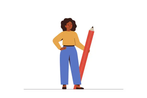 Vector illustration of Black Business Woman holds big pencil. Confident african American female writer or content manager stands with pen.