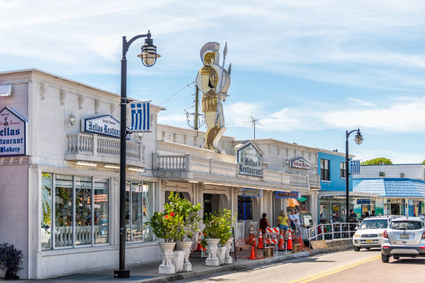 Tarpon Springs, USA - October 4, 2021: Florida Greece town Dodecanese boulevard street white building architecture with famous Hellas Restaurant serving Greek food
