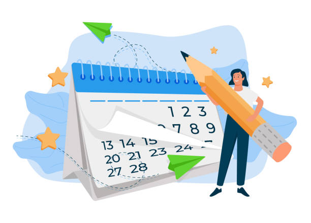tanggal lingkaran karakter wanita tentang perencanaan kalender besar materi penting. manajemen waktu, organisasi kerja. - time life ilustrasi stok