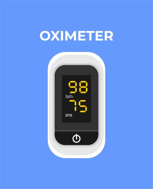 Vector illustration of White pulse oximeter on a blue background. Medical device for measuring the blood oxygen saturation level and pulse rate. Flat vector illustration