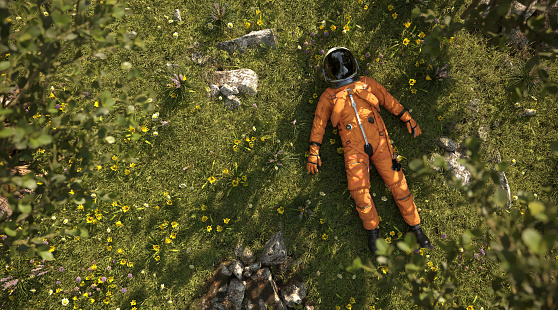 An astronaut laying down in the middle of field on green grass