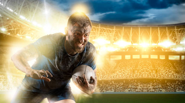 Rugby football man player holds ball. Sports banner. Horizontal copy space background