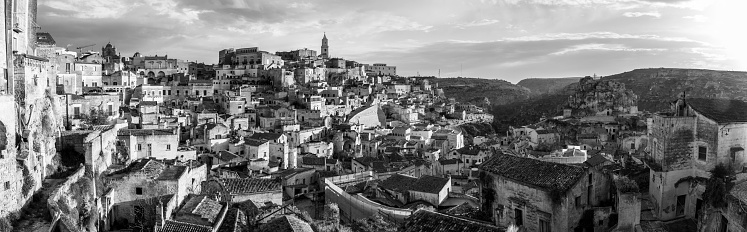 Scenic cityscape of historic downtown Matera in the evening, Italy