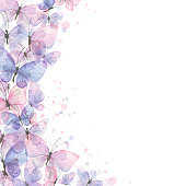 istock A frame of light pink and lilac butterflies with splashes of paint. Watercolor illustration. For the design and decoration of postcards, posters, ads, certificates, invitations, boards, banners. 1406777142