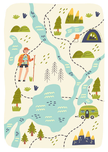 stockillustraties, clipart, cartoons en iconen met map creator forest hiking camping - illustraties van kleine scherptediepte