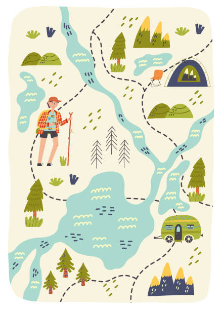 Map creator forest hiking camping Map creator forest hiking camping. Hiking, Camping. Adventure nature poster for nursery room. Children design card vector doodle naive art illustration interesting vacations stock illustrations