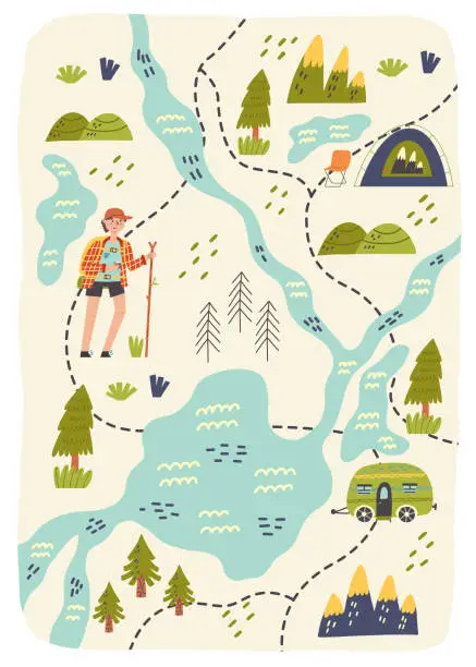 Vector illustration of Map creator forest hiking camping