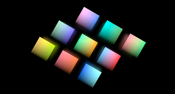 The Multicolored neon glowing squares with light reflection on a black background. Neon multi-colored colorful cubes squares. 3D render.