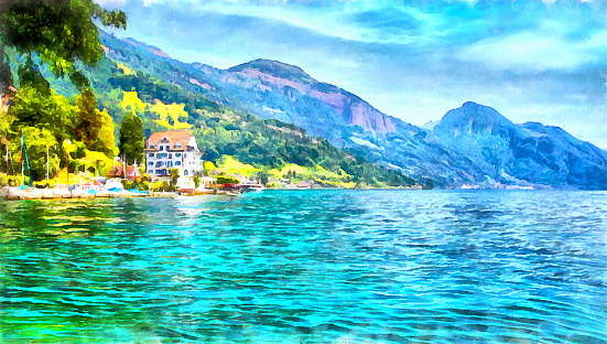 A small town on the shores of Lake Lucerne. Watercolor painting from photo.