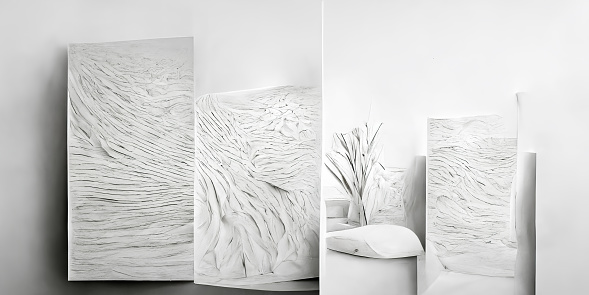 The wall is an abstract illusion made of natural stone, plaster. Art picture gallery.