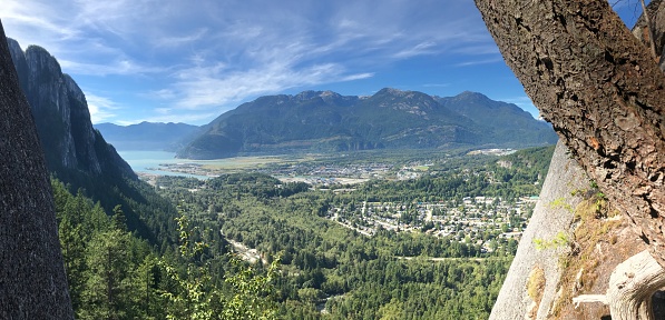 To the left, a view of the granite monolith, the Stawamus Chief, and the residential Valleycliffe neighbourhood.