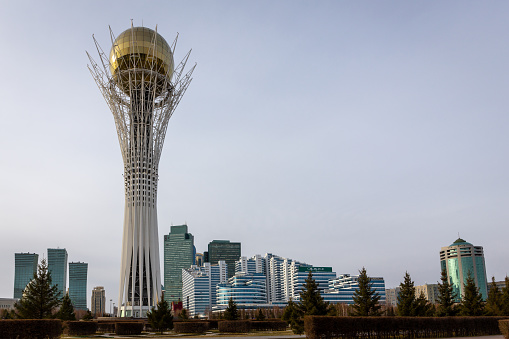 Nur Sultan (Astana), Kazakhstan, 11.11.21. Skyline of Nur Sultan city with Baiterek (Bayterek) Tower and business district in autumn.