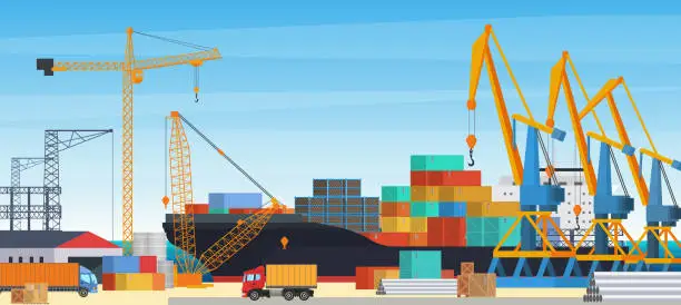 Vector illustration of Cargo ship logistics in seaport, cranes loading and unloading containers with goods
