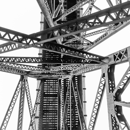 Metal bridge frames viewed from beneath