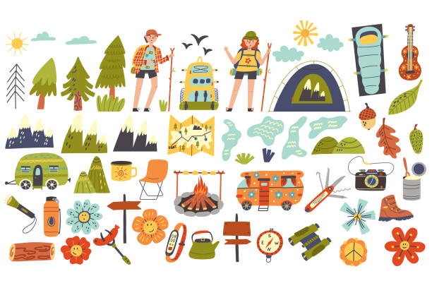 Set collection of hiking camping items and characters Set collection of hiking camping items and characters. Hiking, Camping. Adventure nature clipart. Children design isolated element vector doodle naive art illustration mountain clipart stock illustrations