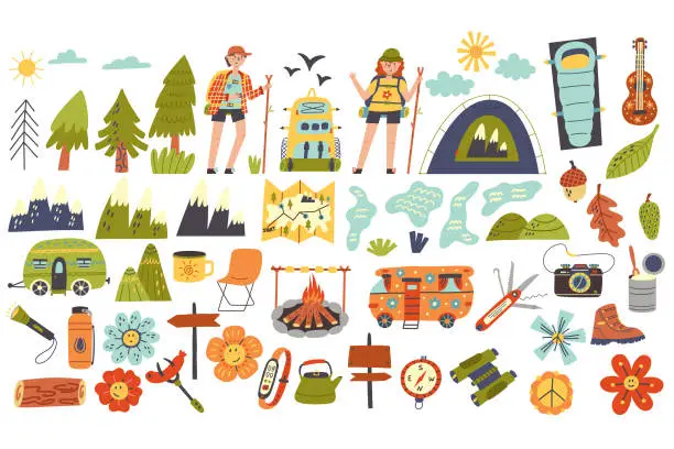 Vector illustration of Set collection of hiking camping items and characters