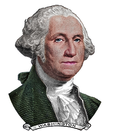 The familiar George Washington portrait of US one dollar banknote isolated on white. Carefully edited and color corrected for fit with the white background instead of original dark one. A tiny bit of original cream color of the paper left intact, easily removed by desaturating if undesirable.
