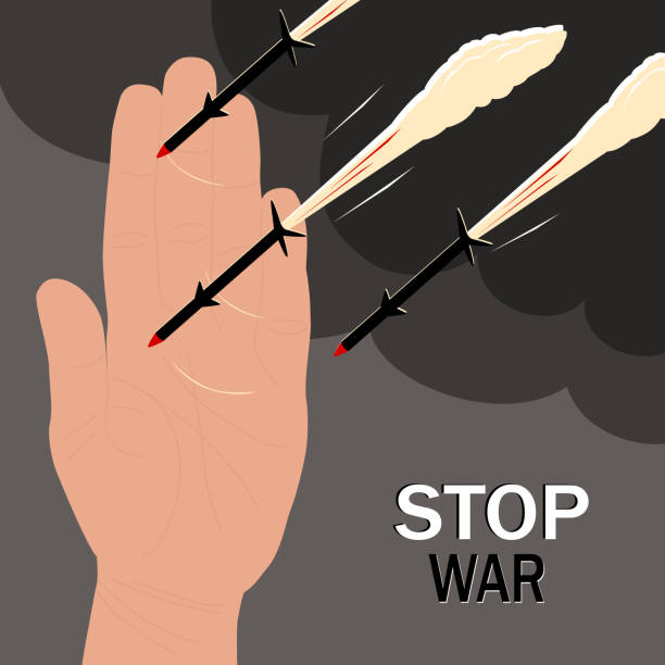istock Stop war banner. Hand raised in protest, stops flying rockets. Military background with missiles and black smoke. Silhouette of cruise missiles, symbol of attack, bombing, warfare. Vector illustration 1406785935
