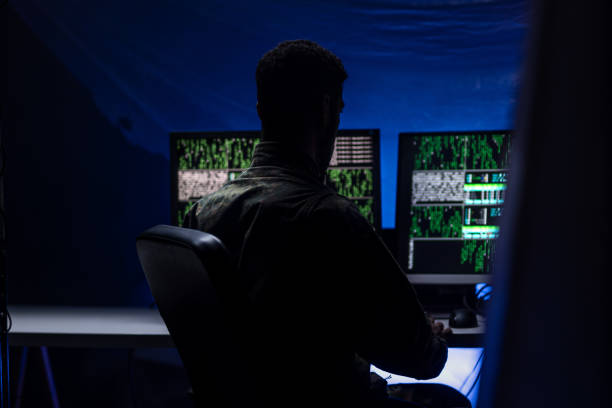 istock Anonymous hacker in military unifrorm on dark web, cyberwar concept. 1406785971