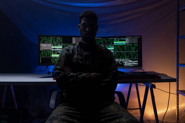 istock Anonymous hacker in military unifrorm on dark web, cyberwar concept. 1406786049