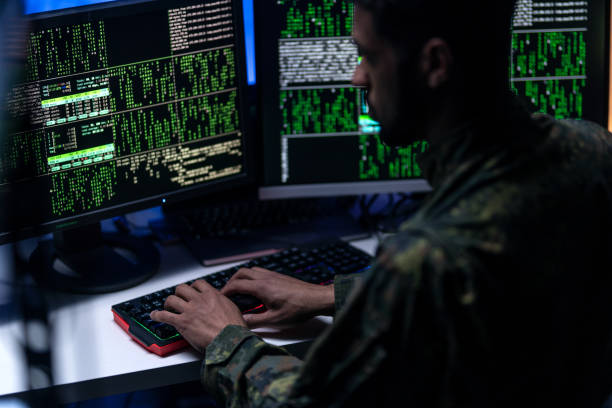 istock Hacker in military unifrorm on dark web, cyberwar concept. 1406786132