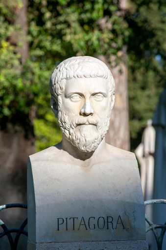 Rome, Italy - October 10, 2020: Pythagoras bust sculpture in Villa Borghese gardens