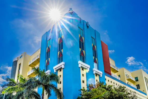 Art Deco. Luxury building of Miami beach. Ocean drive. Miami South Beach in Ocean Drive. Art Deco building architecture. Architectural building. Historic District. Art deco architectural district.