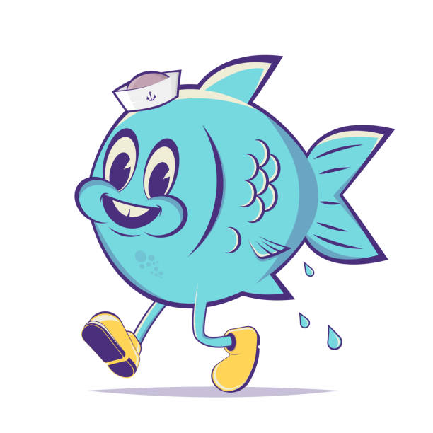 funny cartoon illustration of a walking fish in retro style