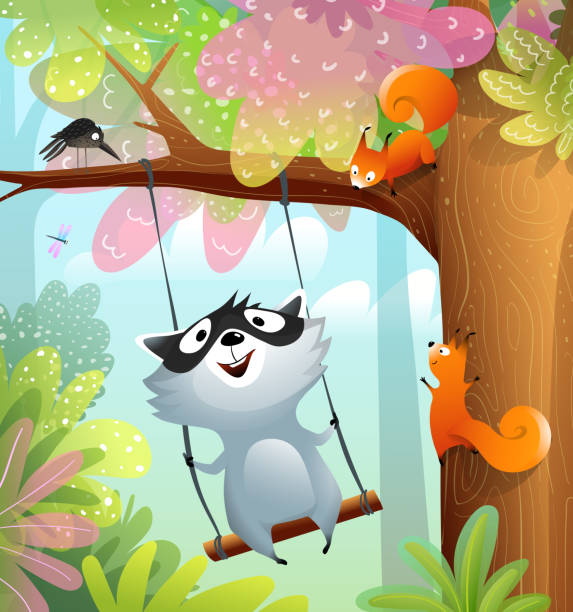 Naughty Squirrels Swinging Laughing in Forest Funny hilarious raccoon swinging on the tree branch and squirrels laughing and looking. Adorable naughty animals playing together, illustration for kids. Vector illustration for children. background of the crazy squirrel stock illustrations