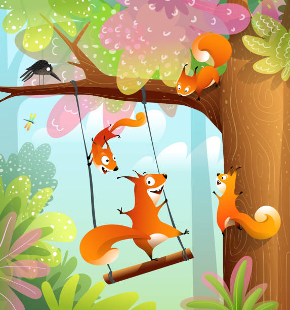 Naughty Squirrels Swinging Laughing in Forest Funny hilarious squirrels playing and laughing in the forest, swinging on the tree branch. Happy naughty squirrels illustration for kids, smiling and jumping. Vector illustration for children. background of the crazy squirrel stock illustrations