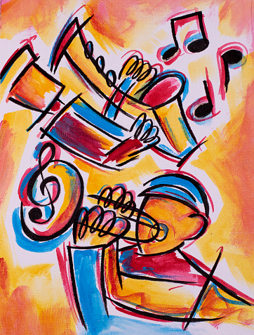 Colorful abstract painting of saxophone and trumpet jazz musicians. Original acrylic painting on canvas.