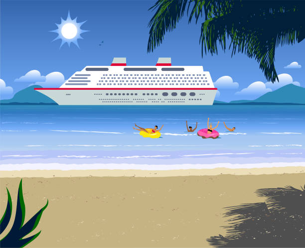 ilustrações de stock, clip art, desenhos animados e ícones de big beautiful ocean liner anchored and beach landscape - cruise travel beach bay