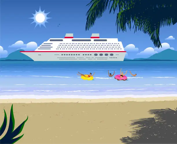 Vector illustration of Big beautiful ocean liner anchored and beach landscape