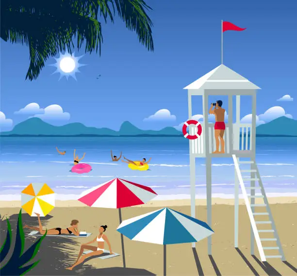 Vector illustration of Beach landscape with people swimming and sunbathing