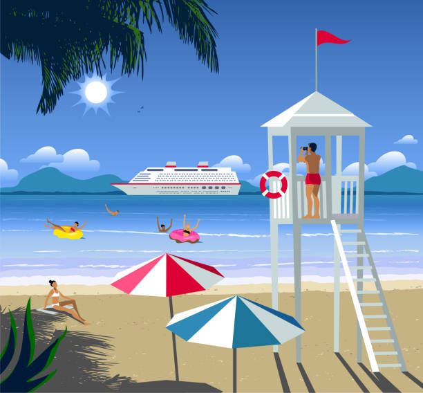 ilustrações de stock, clip art, desenhos animados e ícones de beach landscape with luxury ocean liner - hut island beach hut tourist resort
