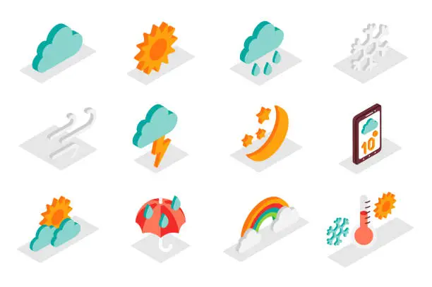 Vector illustration of Weather forecast concept 3d isometric icons set. Pack isometry elements of cloud, sun, rain, snowflake, wind, lightning, moon, star, umbrella and other. Vector illustration for modern web design