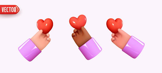 Set of Cartoon hands give hearts. Hands holding red hearts realistic 3d design. Emoticons for social media and mobile apps and game. vector illustration