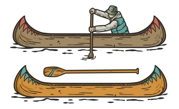 Vector illustration of Wooden boat on the river. Canoe with paddle