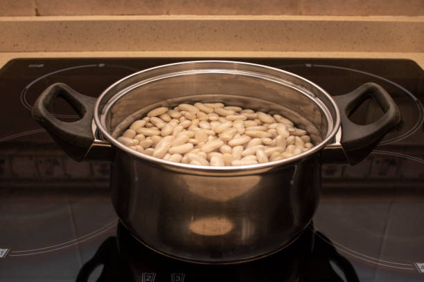 ステンレス製の鍋に水に浸したネイビービーンズ。キッチンのセラミックコンロの上に。 - variation bean beige cannellini bean ストックフォトと画像