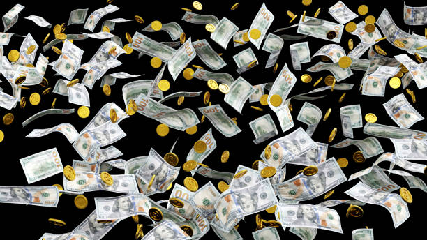 istock Falling gold coin and dollar banknote, business wealth concept. 3D rendering. 1406801057