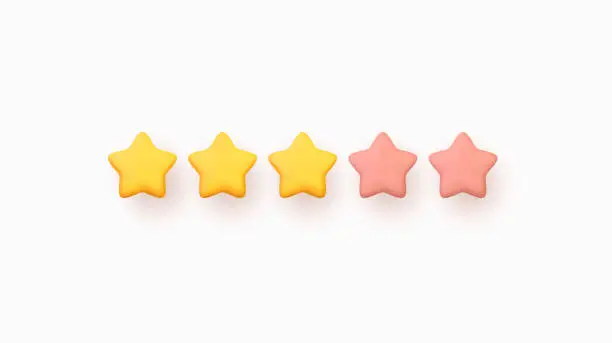 Vector illustration of Five stars, matt yellow and pink colors. Customer rating feedback concept from the client about employee of website. Realistic 3d design of the object. For mobile applications. Vector illustration