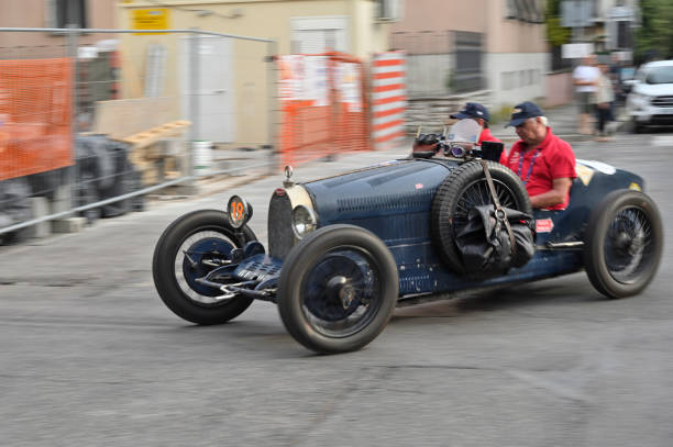 Terni, Umbria, Italy - June 16, 2022: A Bugatti at the second stage of the Mille Miglia starting from Cervia and arriving in Rome. The fortieth edition of the historical reenactment returns to the city of Terni three years later.
