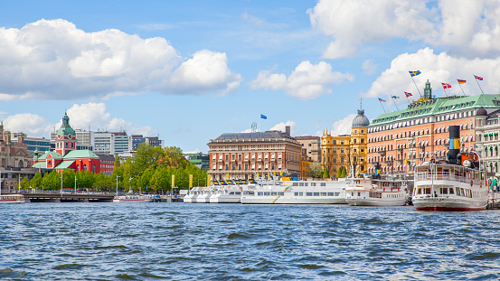 Stockholm, Sweden - May 20, 2015: Ferries by Nybrokajen ferry station in Stockholm