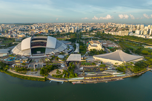 Aerial Shot of the Singapore Sports Hub Stadium and waterfront area. The Sports Hub opened as a public-private partnership (PPP) project in 2010 but it was announced in June that it will be nationalised by the Singapore government on 9 December 2022.