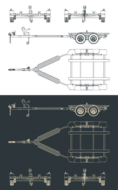 Boat trailer blueprints Stylized vector illustration of blueprints of boat trailer boat trailer stock illustrations