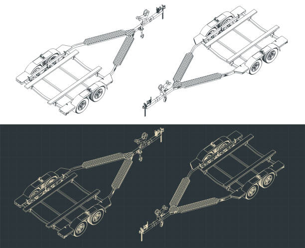 Boat trailer isometric blueprints Stylized vector illustration of isometric blueprints of boat trailer boat trailer stock illustrations