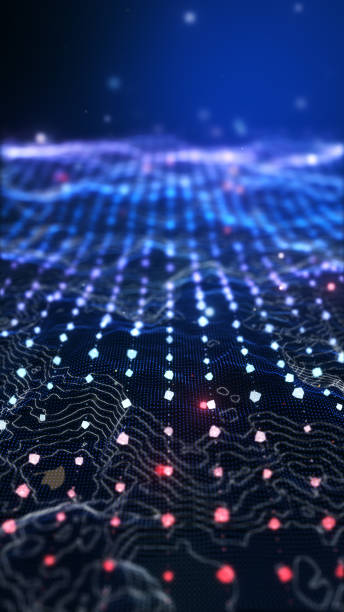 istock Vertical glow red pink purple blue digital landscape with cube particle. Crypto currency, big data, block chain and digital technology concept. 3D Rendering. 1406809889